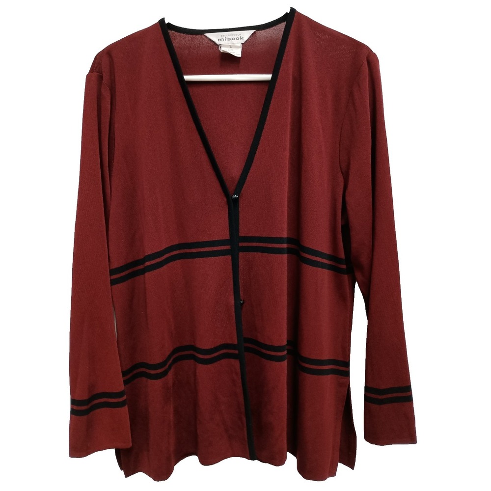 Exclusively Misook Old Money Minimalist Cardigan Womens Large Burgundy Striped